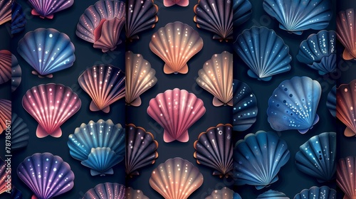 Coastal abstract background with seashell seamless patterns. Blue, pink and brown scallops, tropical bivalve mollusks with cartoon texture set.