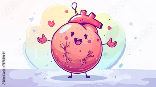 Cute cartoon character of human heart. A cute cartoon character of the cardiological system, holding hands in the middle of a rib cage with a kawaii face and waving hand. Health body anatomy for