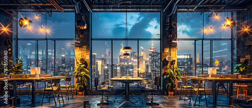 Elevated View of Bangkok at Dusk, Rooftop Bar Scene with Skyline and Glowing Skyscrapers, Urban Nightlife © MDRAKIBUL