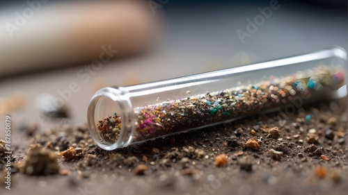 Close-up of a test tube with dirt tainted with multicolored microplastic particles