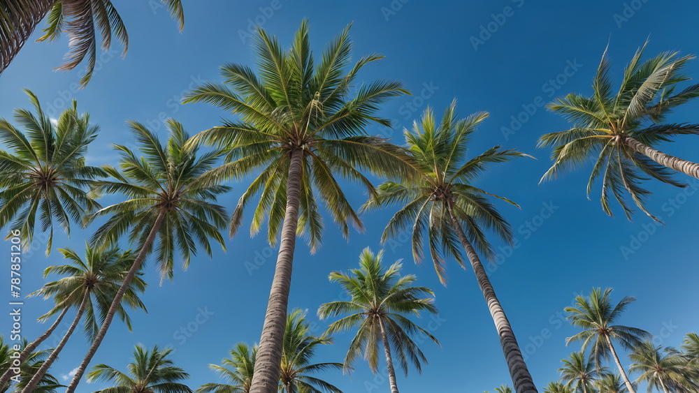 Coconut and Palm Trees, Sunny Day Beach, Blue Sky Low-Angle View