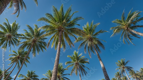 Coconut and Palm Trees  Sunny Day Beach  Blue Sky Low-Angle View