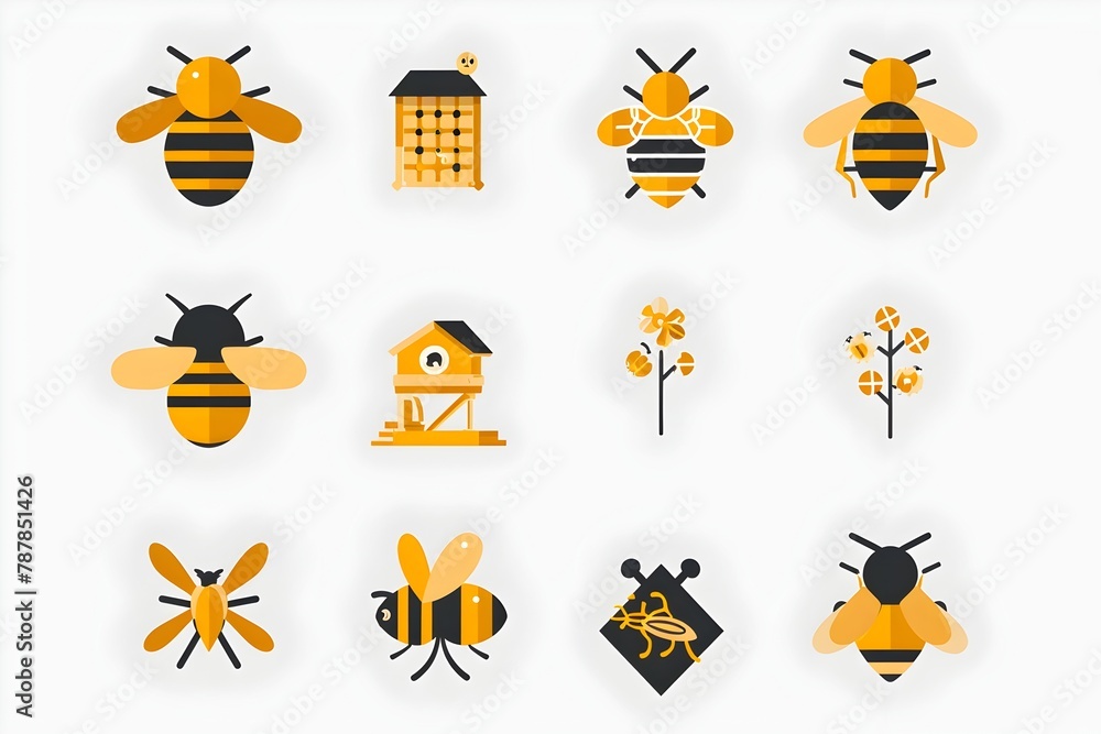 Collection of Stylized Bee Honey and Beehive Themed Icons and Symbols