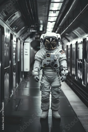 Solitary Astronaut Traversing the Futuristic Subway Tunnels