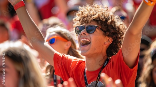 college sports fans cheer in a sun-drenched stadium