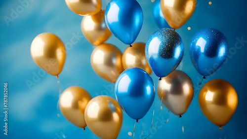 Wallpaper Mural Blue Gold Flying Balloon, Light Blue Background, Celebration Birthday Theme Torontodigital.ca