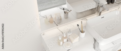 A bathroom sink with a white toothbrush, soap, and other toiletries on the counter, 3D illustration.