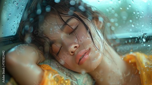beautiful young girl sleeping in a Carvan, large glass frame, short clothes,generative ai photo