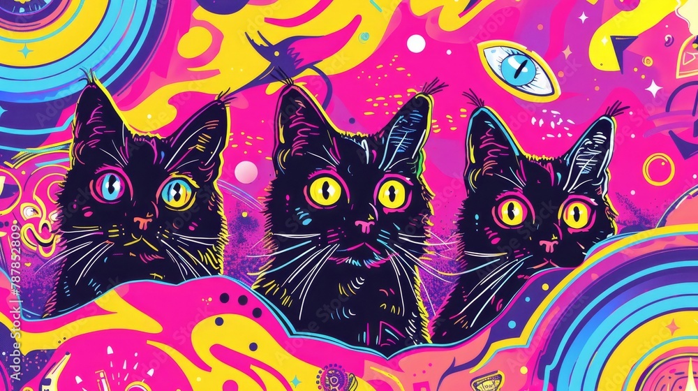 Psychedelic party poster on pink background with cartoon acid illustrations of cats with three eyes and emoticons. Psychedelic party poster on pink background with cartoon acid illustrations of cats with three eyes and emoticons.
