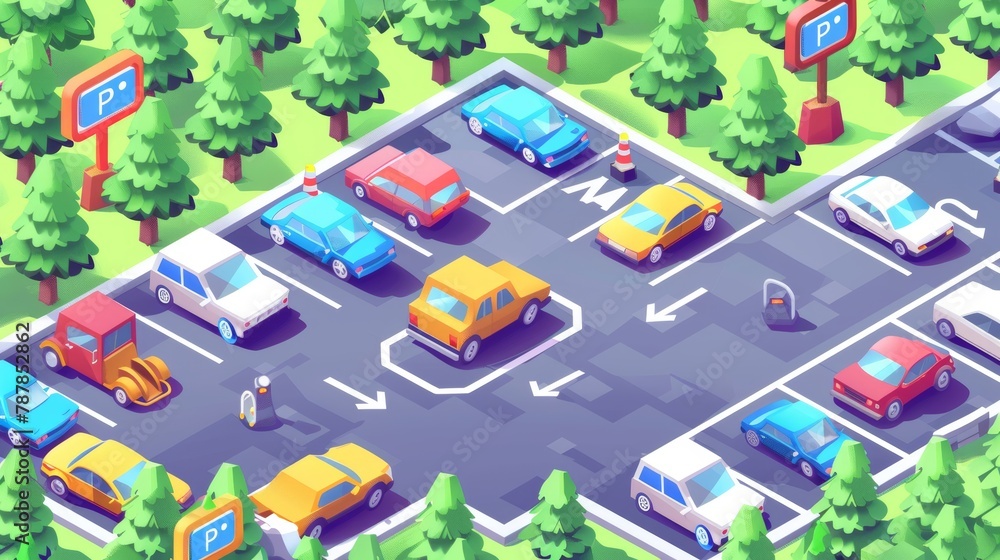 A parking banner with a isometric illustration of cars, trees and road signs, including space for disabled people. A template for a landing page for a parking lot that shows the entrance and exit