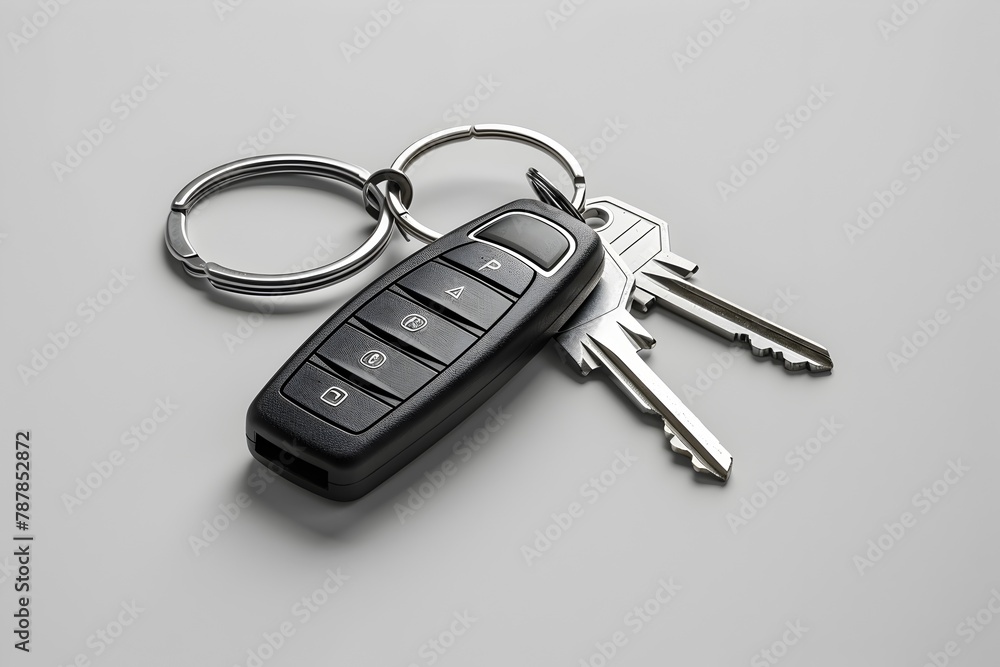 Sleek Car Remote Keys and Metallic Keychain Floating on Clean White Background Sleek Car Remote Keys and Metallic Keychain Floating on Clean White Background