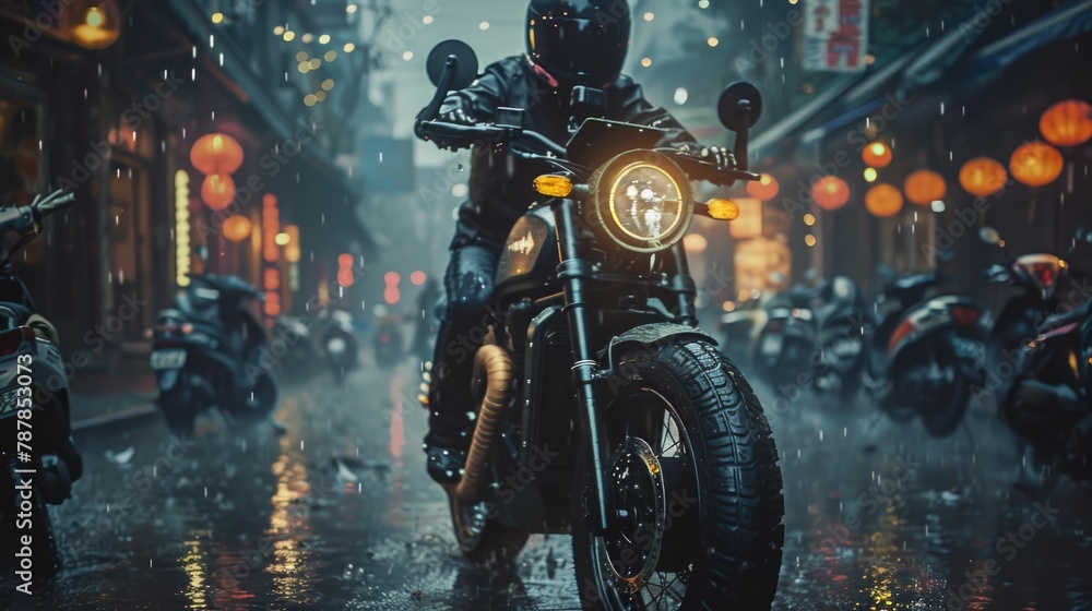 Man riding motorcycle down rain soaked street