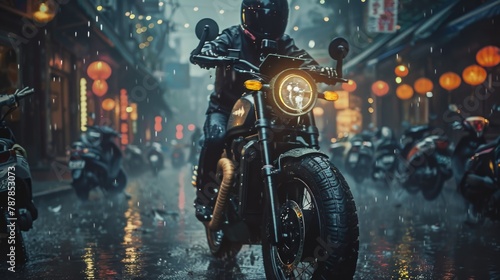 Man riding motorcycle down rain soaked street photo