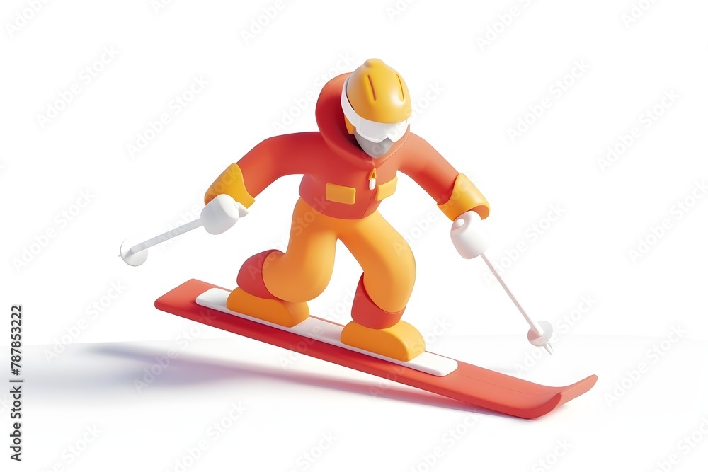 Cartoon 3D Icon of Alpine Skiing with Simple Clay like Shapes on White Background