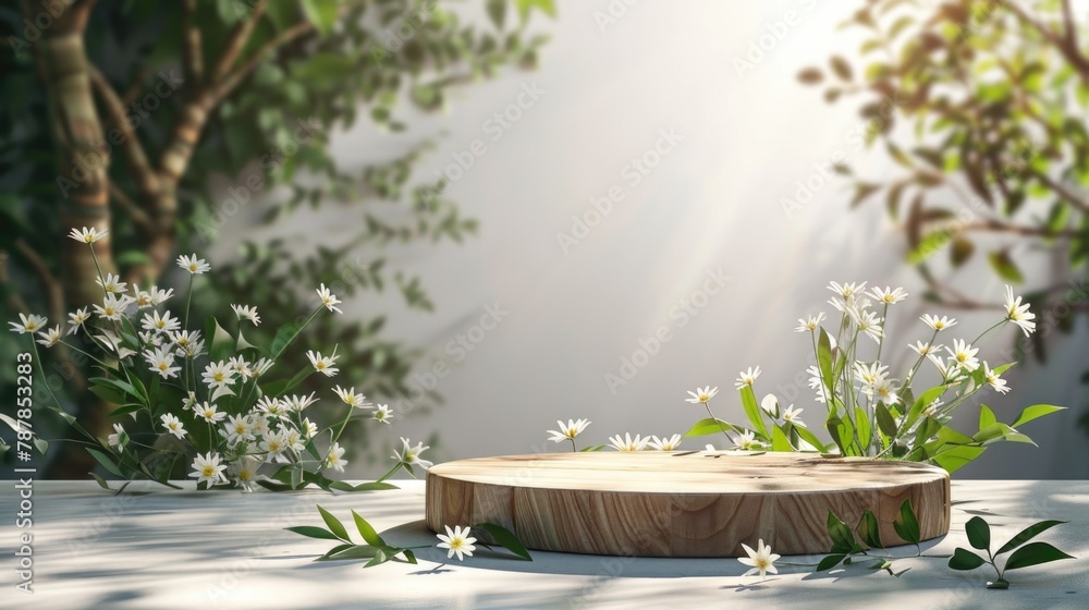 Wooden table surrounded by flowers and greenery