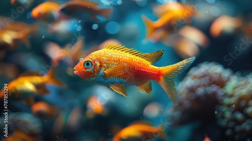 Several fish of various colors and sizes swimming together in a large aquarium tank. © Boomanoid
