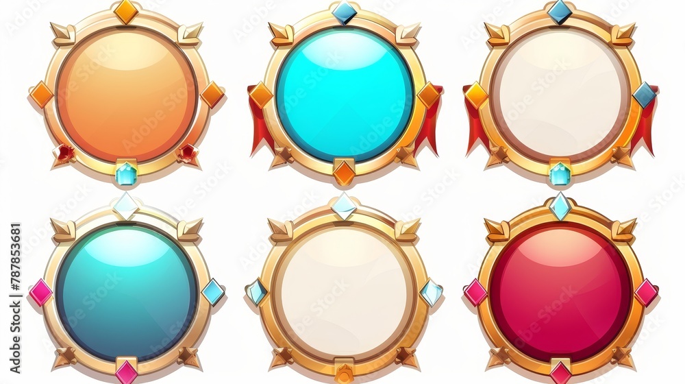 Game avatars with empty gold rankings frames isolated on a white background. Set of award badges with a golden circle border with gems and a red pennant. Game avatars with empty gold rankings frames isolated on a white background. Set of award badges with a golden circle border with gems and a red pennant.