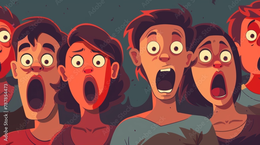 Shocking or frightening characters with open mouths and panicked reactions. Line art flat modern illustration of frightened or terrified people. Shocking or frightening characters with open mouths and panicked reactions. Line art flat modern illustration of frightened or terrified people.