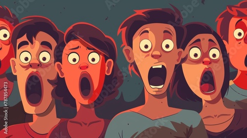 Shocking or frightening characters with open mouths and panicked reactions. Line art flat modern illustration of frightened or terrified people.
