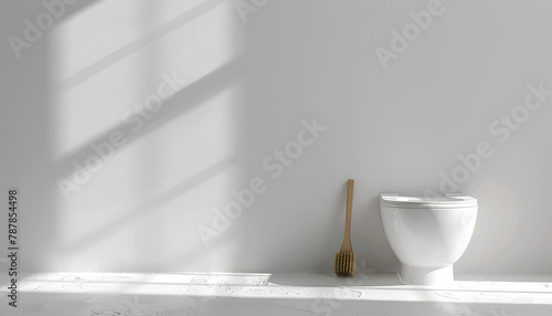 Ceramic toilet bowl and brush near a white wall