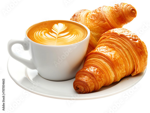 a cup of coffee with croissant on plate isolated on transparent background