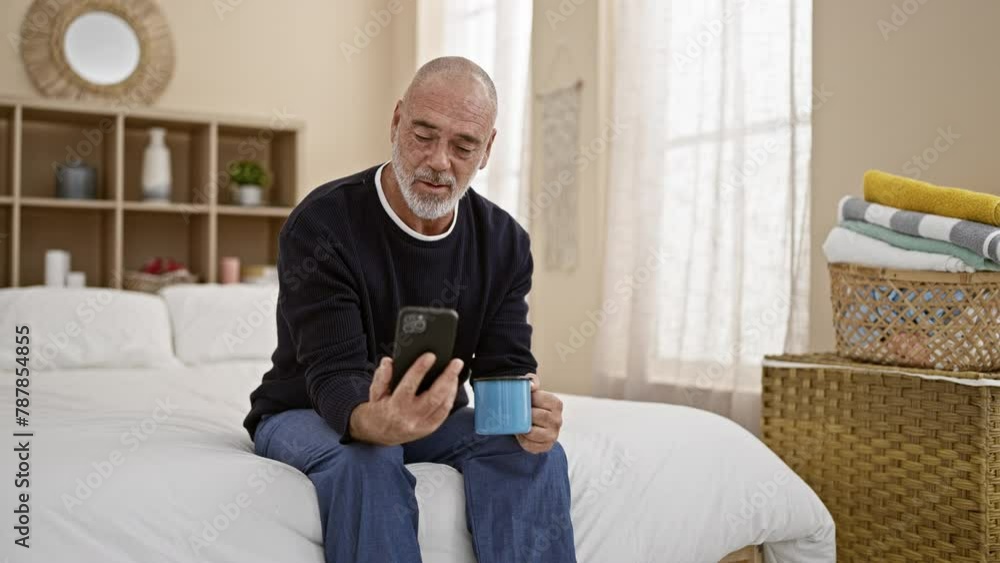 Mature bald man with a beard sitting in a bedroom holding a smartphone and a mug, depicting modern senior lifestyle. Mature bald man with a beard sitting in a bedroom holding a smartphone and a mug, depicting modern senior lifestyle.