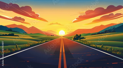At sunset, a road goes along green fields as the sun sets behind the hills, while the sky is orange with puffy red clouds in the distance. Cartoon illustration of an empty asphalted highway going photo