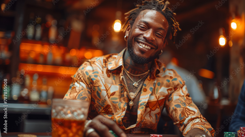 Man sitting at table playing poker with poker cards and chips visible drinking whisky smiling,generative ai Man sitting at table playing poker with poker cards and chips visible drinking whisky smiling,generative ai