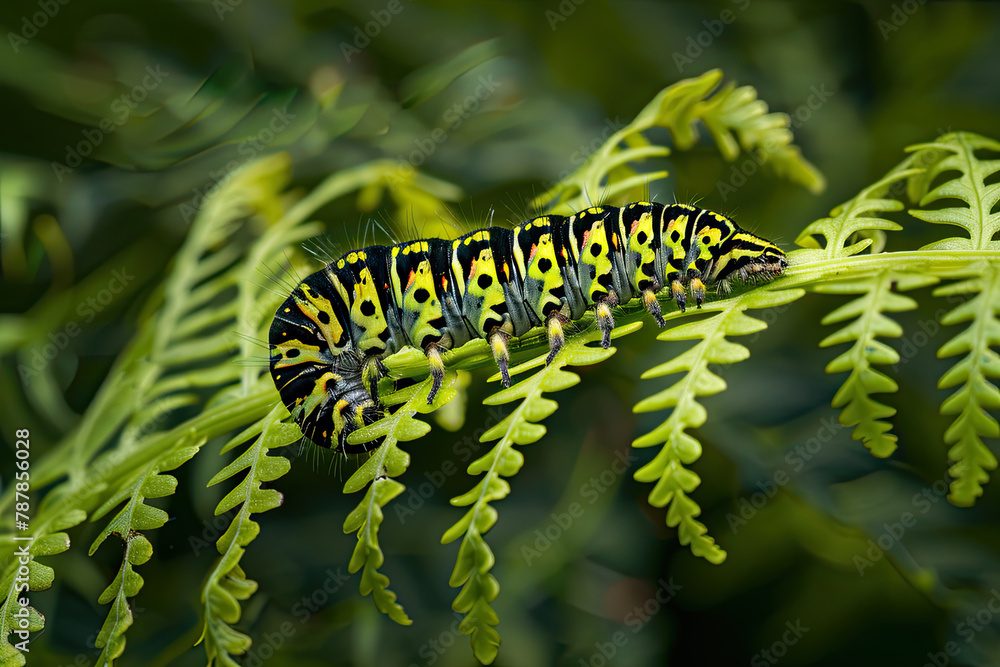 Colorful caterpillar with striking patterns navigates the complex fern foliage, a vibrant encounter in the tranquil forest.