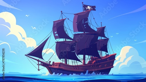 Modern illustration of a pirate ship with a black flag and jolly roger on board. Filibusters battleship on blue ocean surface with cannons. Illustration from the Legend of the Seas cartoon.