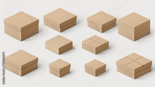 The realistic 3D modern mock up set features a craft eco package, a brown square carton parcel container from the front, the side, and the angle view. The mockup also features isolated distribution © Mark