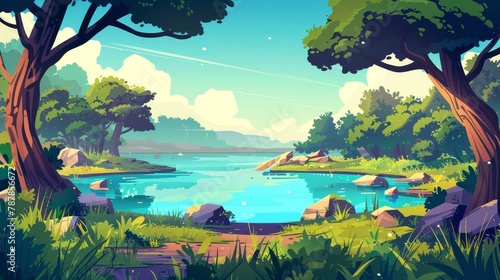 Modern template with separated layers of wild scenery  nature  and a turquoise pond in a summer forest cartoon landscape. Modern template with separated layers of woodland  nature  and a turquoise
