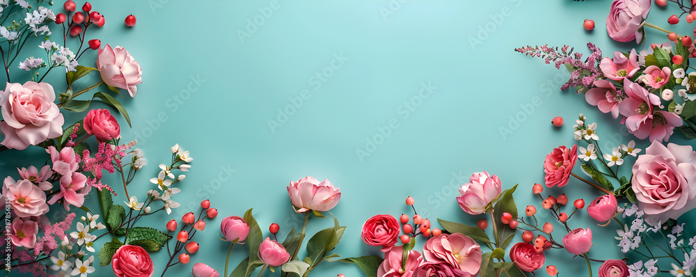 Banner with flowers on light teal blue background, perfect for wedding, Mother's Day, or woman's day greeting card. Springtime composition with copy space in flat lay style. Banner with flowers on light teal blue background, perfect for wedding, Mother's Day, or woman's day greeting card. Springtime composition with copy space in flat lay style.