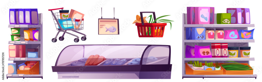Fototapeta premium Grocery store aisle interior inside vector cartoon. Supermarket shelf and refrigerator for food. Basket, cart and fridge showcase for fish meat and vegetable to sell. Indoor mall furniture design set