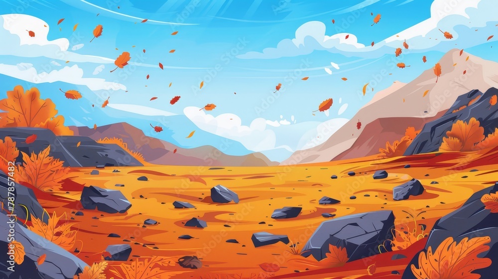 A beautiful fall scenery with a cartoon autumn landscape, rocky plain with orange rocks, blue sky and falling leaves, modern illustration. A beautiful fall scenery with a cartoon autumn landscape, rocky plain with orange rocks, blue sky and falling leaves, modern illustration.