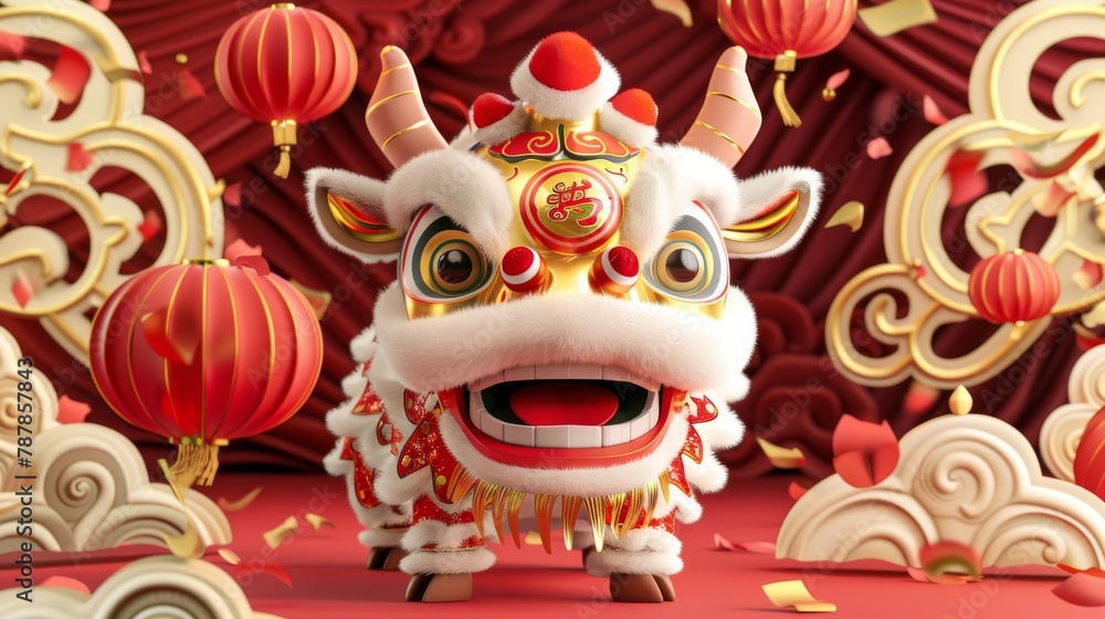 An adorable baby cow is performing a Chinese lion dance. This is the sign of the ox in the Chinese zodiac. TRANSLATION: Have a happy new year!