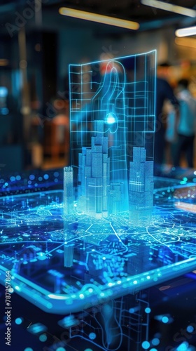 An emergency operations center using a blue hologram map to coordinate rapid responses across a digital twin of the city