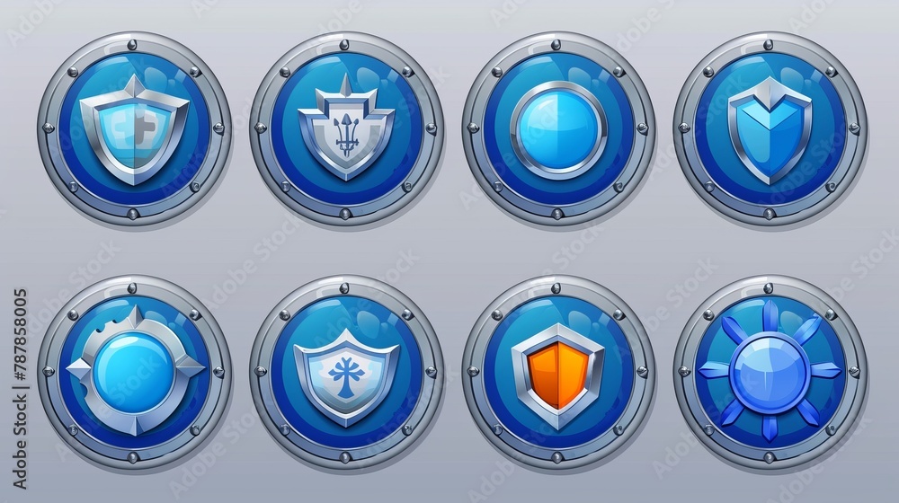 The modern cartoon set consists of round icons with a steel border in medieval style and circles with award labels isolated on white. The modern cartoon set consists of round icons with a steel border in medieval style and circles with award labels isolated on white.