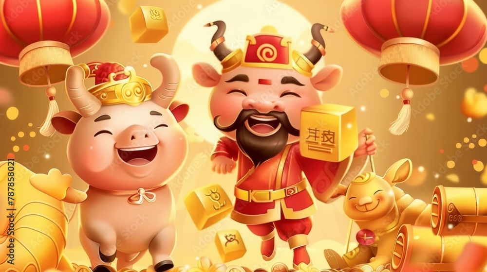 Animated banner for Chinese New Year activity promo. The Chinese God of Wealth and the cute ox dance on gold ingots.