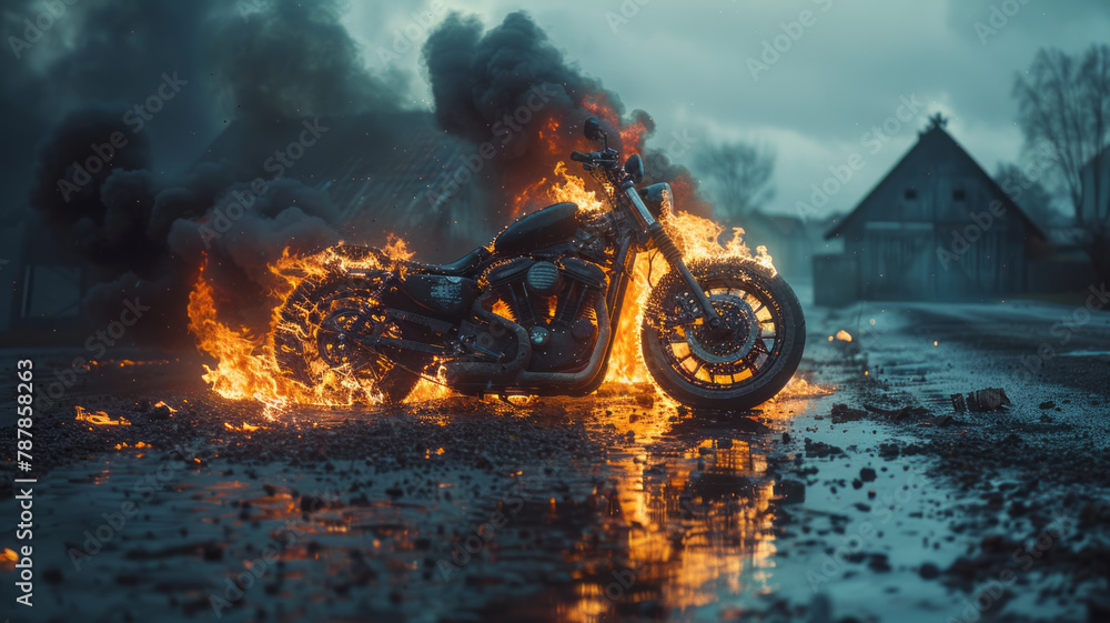 Vintage motorcycle engulfed in flames, against asphalt with sunset glow and mossy stones.generative ai - obrazy, fototapety, plakaty 