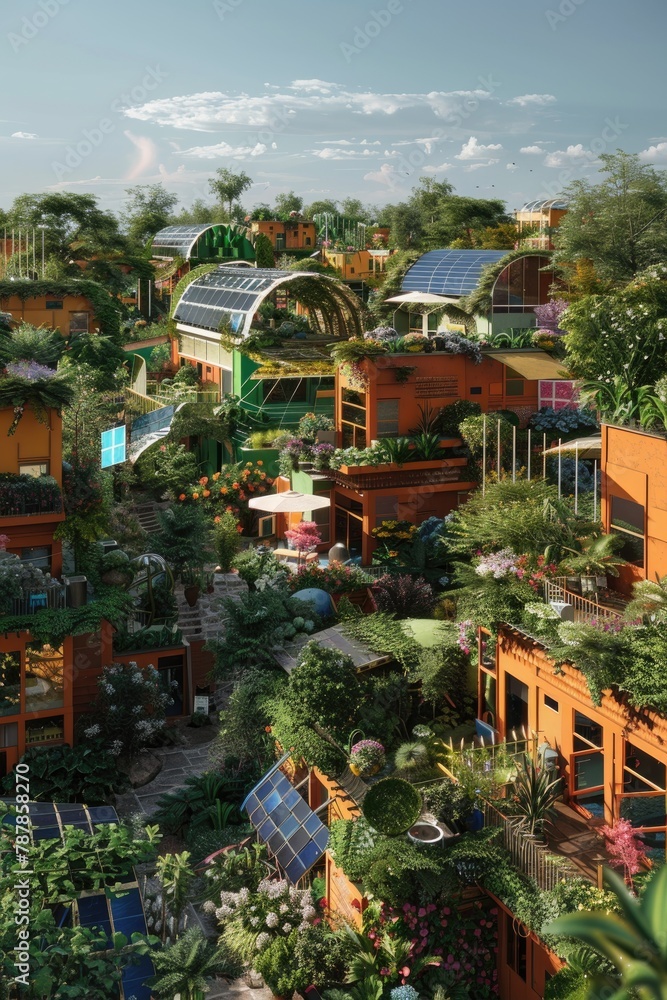 A vibrant solarpunk neighborhood with homes built from recycled materials, surrounded by lush rooftop gardens and solar canopies