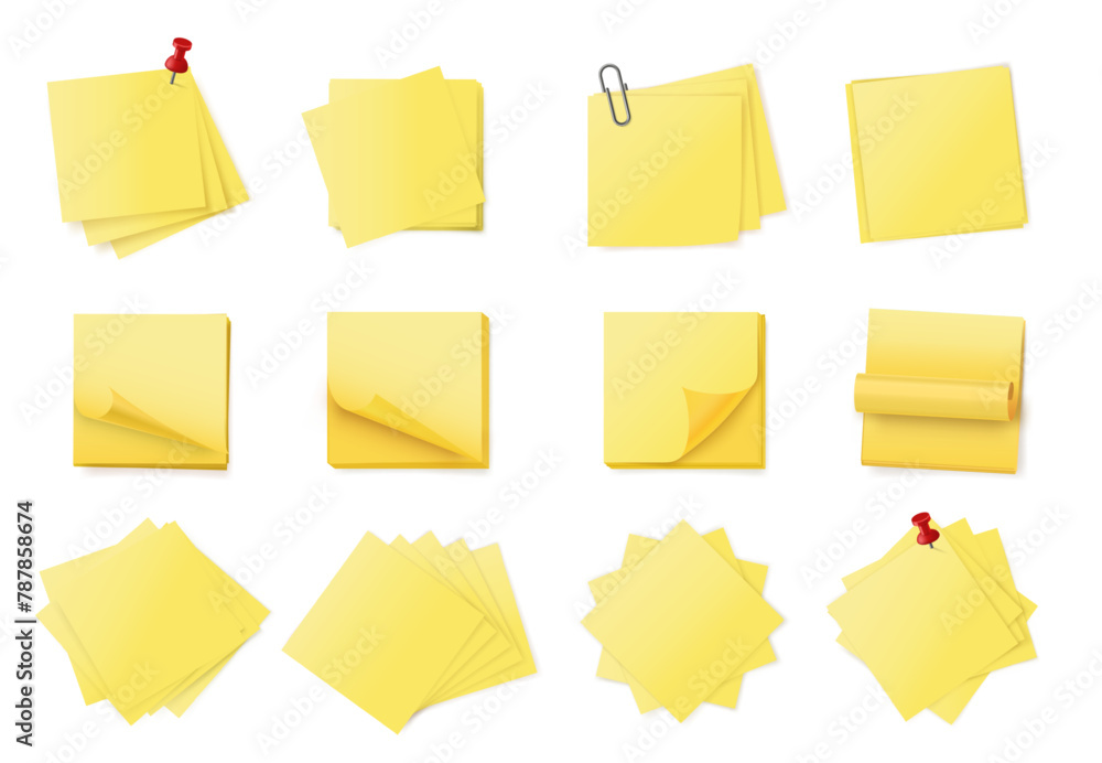 Yellow sticky note stack. Stacked adhesive notes pads with curled ...