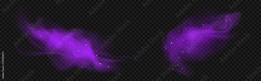 Obraz premium Purple magic smoke effect with light and sparkle. Air breeze flow isolated. Fog cloud abstract realistic transparent vector. Dream smokey tail with shimmer flying. Neon wizardry powder spell swirl