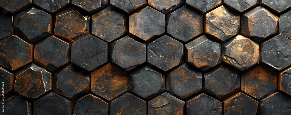 Industry metal tiles with distressed texture, luxury metallic industrial pattern in black gold weathered hexagons Industry metal tiles with distressed texture, luxury metallic industrial pattern in black gold weathered hexagons