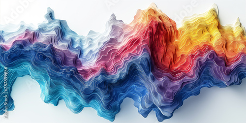 Flowing colorful digital terrain mapping visualization, gradient wavy lines spectrum layered height map overhead isolated
