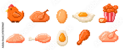 Chicken food pixel art. Fried egg, pixelated wings, breast, drumstick, roasted whole and grilled chicken 8 bit vector illustration set