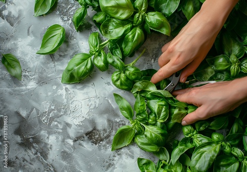 Fresh basil leaves in a pot on a dark background