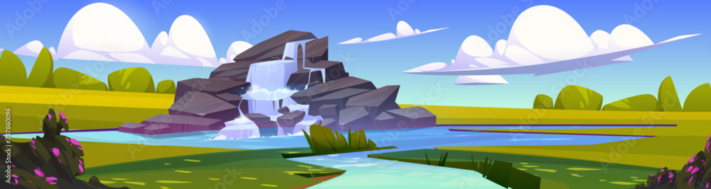 Obraz premium Waterfall landscape with river or lake vector illustration. Water cascade in rock paradise scene. Grass valley fantasy summer picture. Beautiful game park with riverside to travel. Cloud in sky
