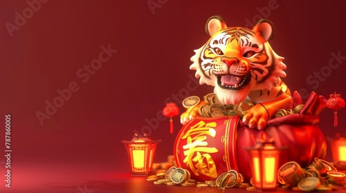 On this scroll  the text  Wishing you a very happy Chinese New Year  is written in Chinese  showing a 3D rendering of the tiger emerging from a glowing lucky bag full of money.