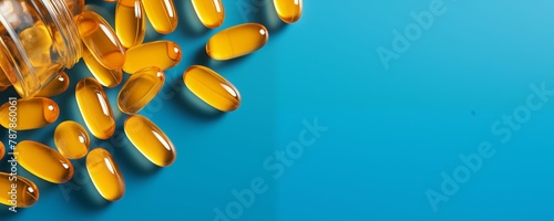 Top View of Vitamin e Capsules Isolated on Blue Background with Empty Text Space. Generative AI photo